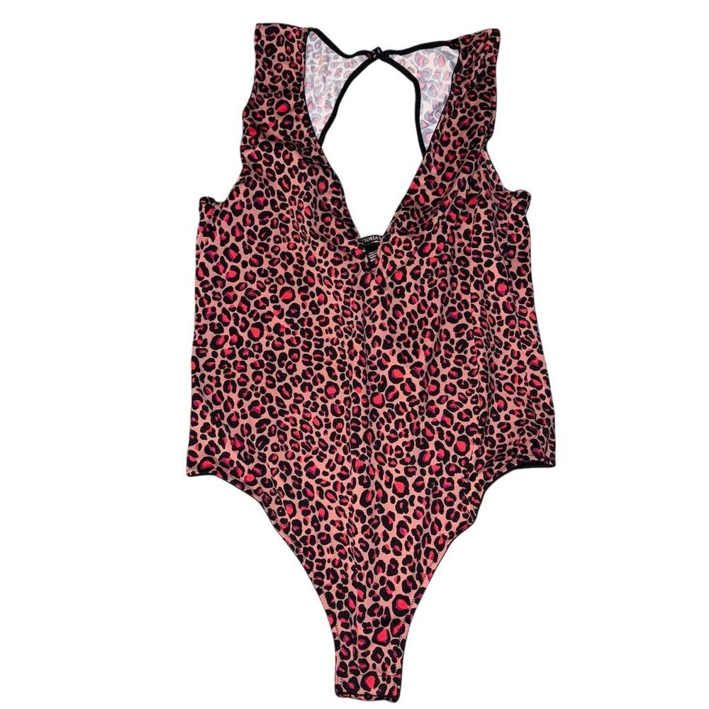 Victoria's Secret‎ Leopard pink and black Print Plunge Neck Thong Bodysuit L